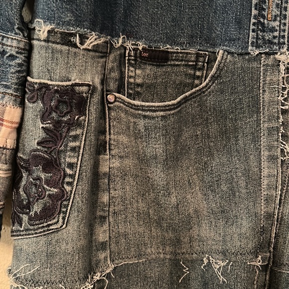 Handmade upcycled boho fringe and crochet patched tattered denim duster jacket - Picture 4 of 17